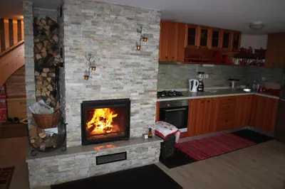 a living room with a fireplace in a kitchen at Chalet Bellevue Rogla in Zreče