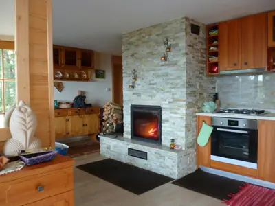 a kitchen with a stove and a stone fireplace at Chalet Bellevue Rogla in Zreče