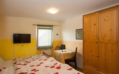 a bedroom with a bed and a television and a table at Guest House Čelan in Spodnja Hajdina