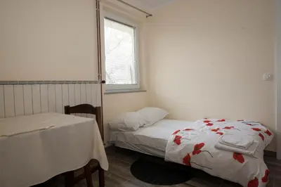 a small bedroom with a bed and a window at Guest House Čelan in Spodnja Hajdina