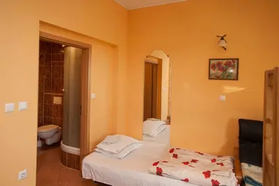 a bedroom with a bed and a bathroom at Guest House Čelan in Spodnja Hajdina