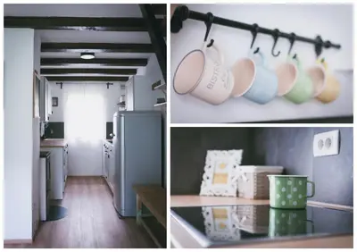two pictures of a kitchen with coffee cups on the wall at NATURALINA HOLIDAY HOUSE in Tribussa Superiore