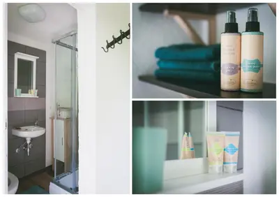 two pictures of a bathroom with a shower and a sink at NATURALINA HOLIDAY HOUSE in Tribussa Superiore