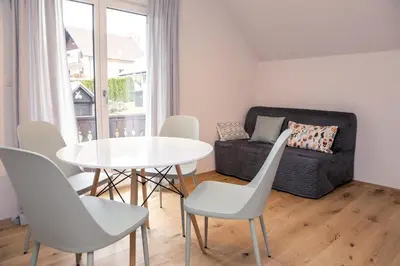 a living room with a table and chairs and a couch at Apartments Alteri Domi in Bohinj