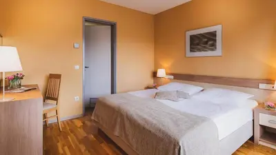 a bedroom with a bed and a desk with a lamp at Terme Olimia - Hotel Breza in Podčetrtek