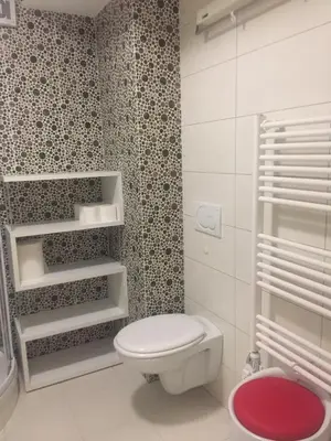 a bathroom with a white toilet and a shower at Apartment Red Square in Ljubljana