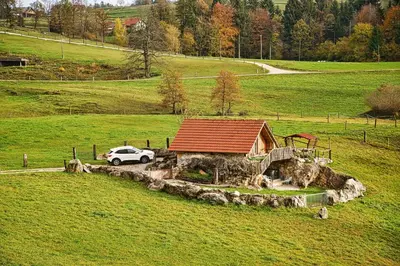 a car parked next to a house in a field at Farm Stay Ana in Višnja Gora