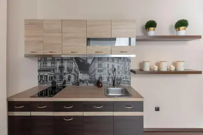 a kitchen with wooden cabinets and a sink at Apartma Relax Gaja - In the most beautiful city in the world in Ljubljana