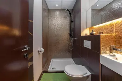 a bathroom with a toilet and a sink and a shower at Apartma Relax Gaja - In the most beautiful city in the world in Ljubljana