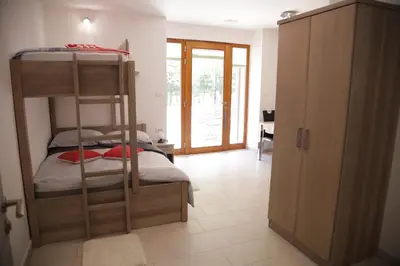 a bedroom with a bunk bed with a ladder at Apartments Slap in Slappe dʼIdria
