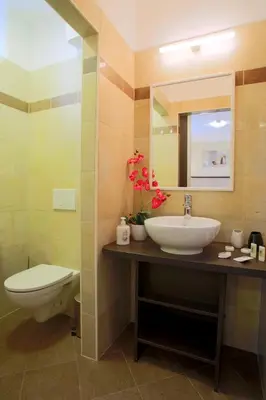 a bathroom with a sink and a toilet and a mirror at Casino & Hotel ADMIRAL Ptuj in Ptuj