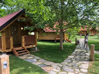a man and his dog standing in front of a cabin at Camp Podgrad Vransko in Vransko