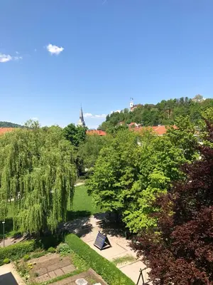 a view of a park with trees and a bench at Castle View Studio in Ljubljana