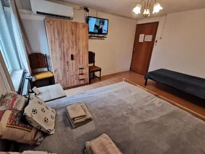 a living room with a large rug and a tv at Na Kopitarjevi in Laško