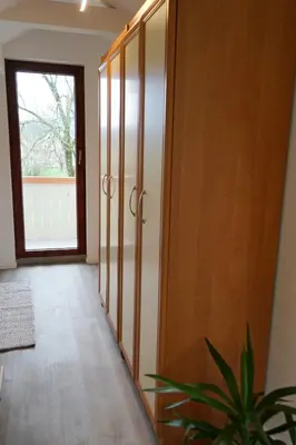 a hallway with wooden doors and a potted plant at Apartma Eržen in Zgornje Gorje