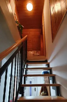 a staircase in a house with a person walking down it at Počitniška hiša Taler in Bohinj