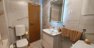 a bathroom with a sink and a toilet and a mirror at Počitniška hiša Taler in Bohinj