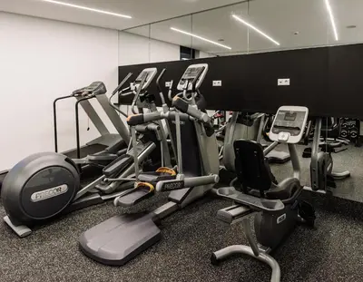 a gym with a bunch of cardio equipment in it at Hotel A plus in Celje