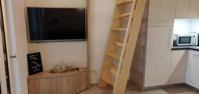 a room with a tv and a shelf with a microwave at Vila Mojca - Studio 13 in Kranjska Gora