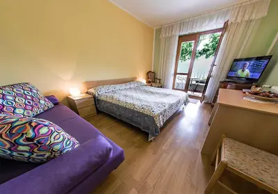 a bedroom with a bed and a couch and a tv at SOBE Andrejina in Branik