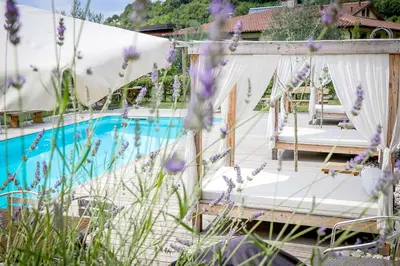 a swinging bed next to a pool with purple flowers at SOBE Andrejina in Branik