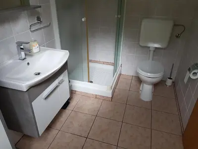 a bathroom with a toilet and a sink and a shower at Casa Monte in Bovec