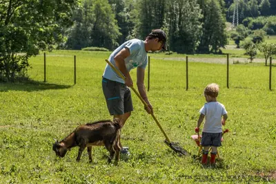 a man and a child and a dog in a field at Hiša Lenart in Tolmin