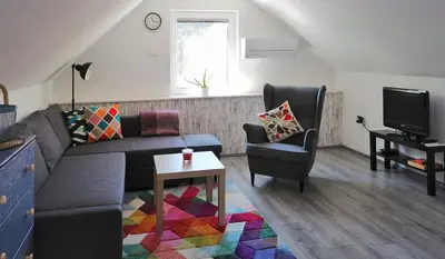 a living room with a couch and chairs and a tv at Apartment Kokoro in Bogojina