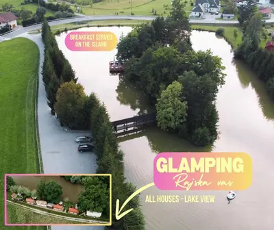 an aerial view of a river with a house at Glamping Rajska vas in Šentjur