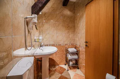 a bathroom with a white sink and a shower at Bed & Breakfast Šilak in Ptuj