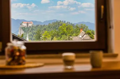 a window with a view of a castle on a mountain at Quercus Apartments Bled in Bled