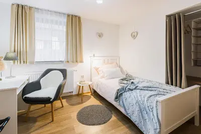 a bedroom with a bed and a chair and a desk at Quercus Apartments Bled in Bled
