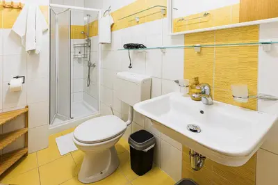 a bathroom with a toilet and a sink and a shower at Quercus Apartments Bled in Bled