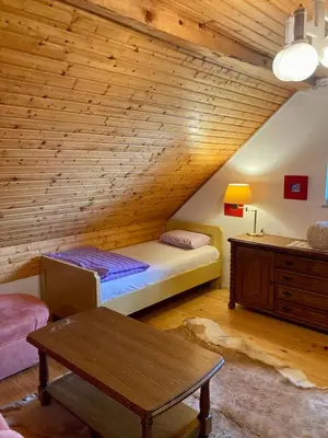 a bedroom with a bed and a wooden ceiling at Papa Franks House in Ptuj
