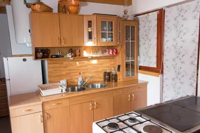 a kitchen with wooden cabinets and a sink at Brunarica Čontoš in Lendava