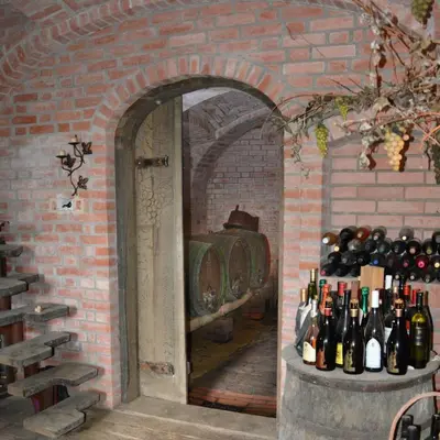 a brick wall with a bunch of bottles of wine at Vinum Vidae in Lendava