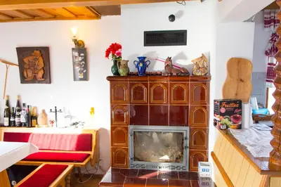 a living room with a wooden cabinet and a fireplace at Pri konjskem pajdašu in Lendava