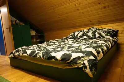 a bed in a room with a wooden wall at Zidanica Balantič in Dobrovnik
