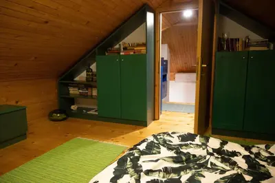 a bedroom with green cabinets and a bed in a room at Zidanica Balantič in Dobrovnik