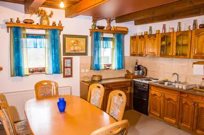 a kitchen with wooden cabinets and a wooden table at Zidanica Balantič in Dobrovnik