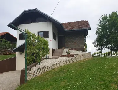 a house with a stone wall in front of it at Zidanica Balantič in Dobrovnik