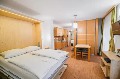 a bedroom with a bed and a desk and a kitchen at Apartments Maleric with Indoor Pool and Wellness in Dragatuš