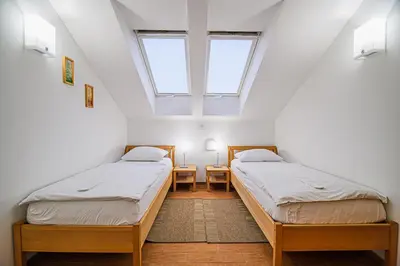 two beds in a room with two windows at Apartments Maleric with Indoor Pool and Wellness in Dragatuš
