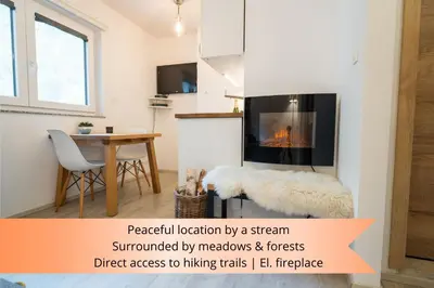 a living room with a fireplace and a table at Apartment Loyd, Kranjska Gora - studio in Kranjska Gora