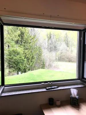 a window with a view of a green field at Apartment Loyd, Kranjska Gora - studio in Kranjska Gora