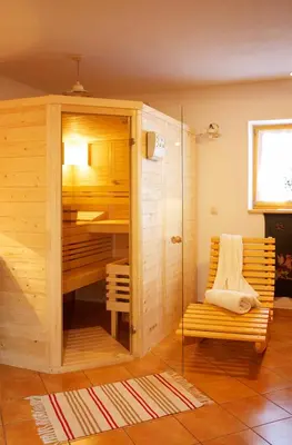 a sauna with a desk and a chair in a room at Farm Stay Pirc in Laško