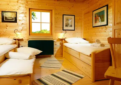 a room with three beds in a log cabin at Farm Stay Pirc in Laško