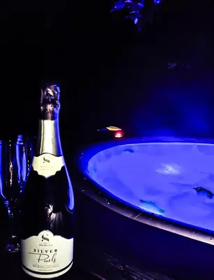 a bottle of wine sitting next to a bath tub at Silent Orchard in Naklo