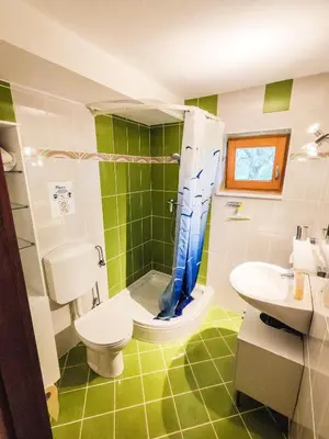 a green and white bathroom with a toilet and a sink at Silent Orchard in Naklo