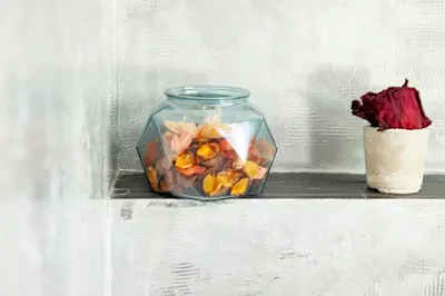 a glass jar with a flower and a vase on a shelf at Hiška pod Krasom in Renče